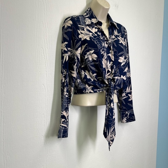 Panama Jack - Blue Linen Blend Tropical Palm Leaf Pattern Tie Blouse Size XS - Picture 3 of 9